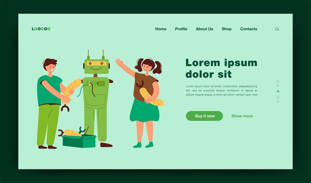 Happy children making robot for school project flat  illustration. Cartoon students learning robotics with teacher. Engineering technology and education concept landing page