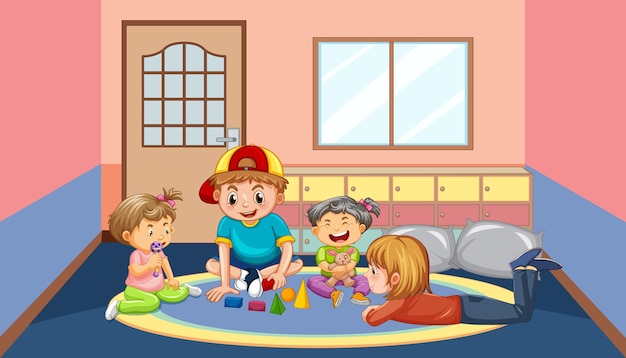 Free Vector happy children playing toy in kid room