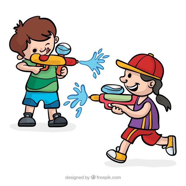 Happy children playing with water guns