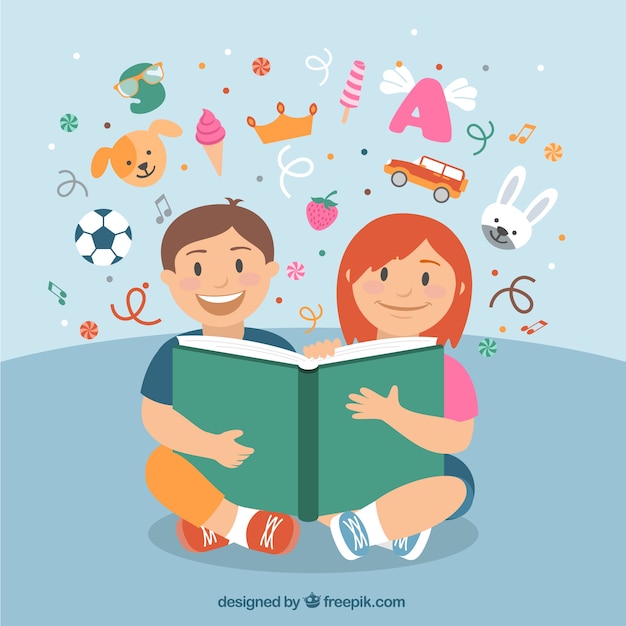 Free Vector happy children reading a book 