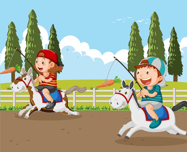 Happy children riding horses