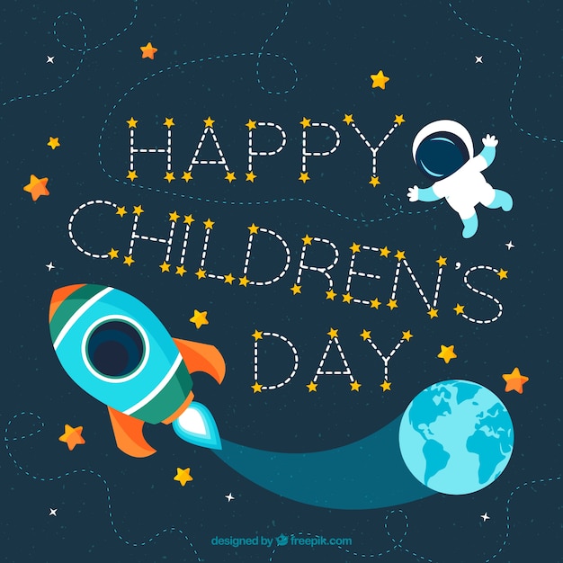 Free Vector happy children's day with an astronaut and a rocket