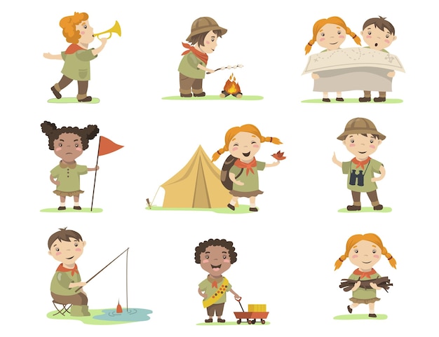 Happy children in scout costumes flat set for web design.