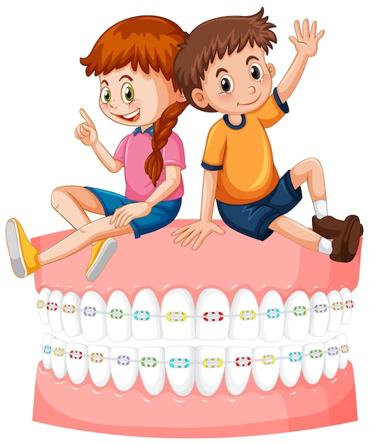 Happy children sitting on teeth braces with white background