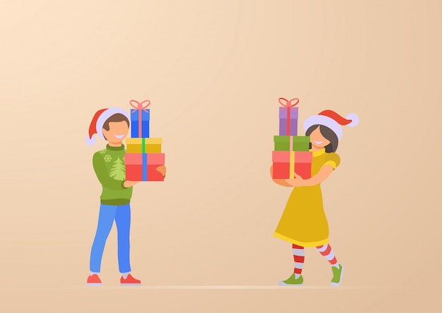 Free Vector happy children son and daughter with christmas gifts in hands illustration