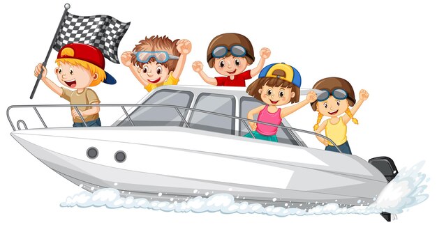 Happy children in a speedboat on white background