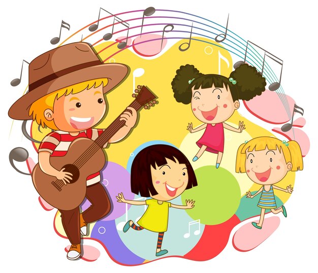 Happy children with music melody symbols