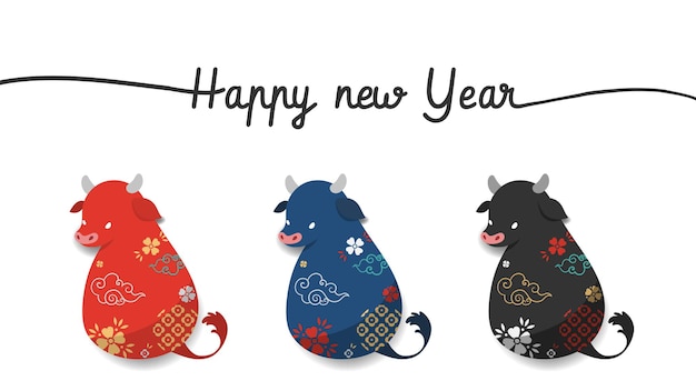 Happy chinese new year 2021, Year of the ox. Three chinese zodiac of ox symbols.