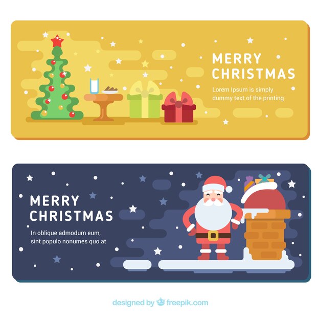 Happy christmas banners with santa claus and tree in flat design