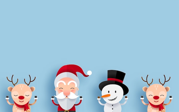 Free vector happy christmas characters with copyspace for greeting message. santa claus, snowman and reindeer