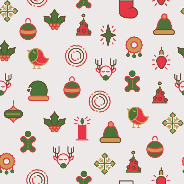 Happy Christmas symbols seamless pattern with different kind of gifts and holly toys with line colorful