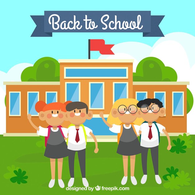 Happy classmates and school building with flat design