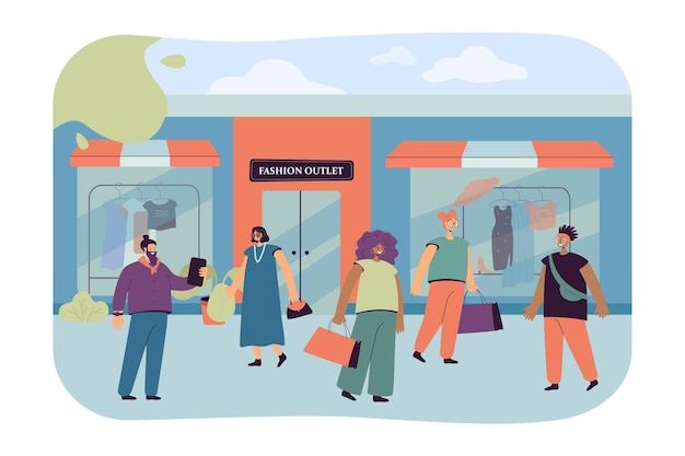 Happy consumers choosing clothes in shop or boutique flat illustration