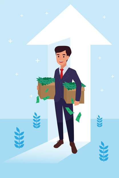 Happy   corporate man done his job as vison & mission and celebrating, leadership success and career progress concept, flat   illustration