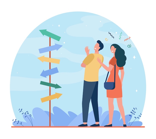 Free vector happy couple choosing way for walking. arrow, spouse, together flat vector illustration. direction and relationship