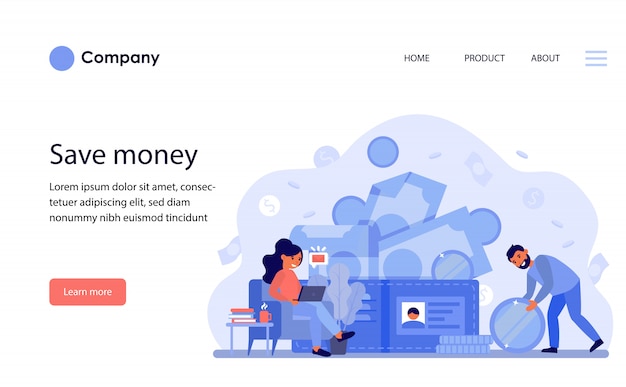 Happy couple earning money and counting budget. Website template or landing page