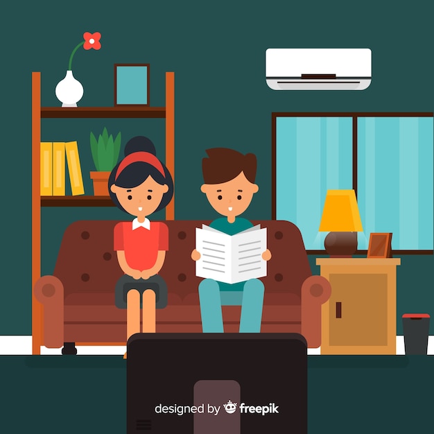 Happy couple at home with flat design