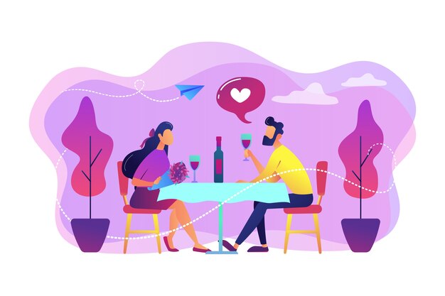 Happy couple in love on romantic date sitting at table and drinking wine, tiny people. Romantic date, romantic relationship, love story concept.  