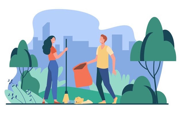 Happy couple picking up litter outdoors. Young people cleaning park from garbage flat vector illustration. Volunteering, nature care