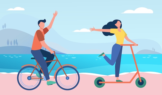 Happy couple riding bike and scooter outdoors. People moving along seaside flat illustration.