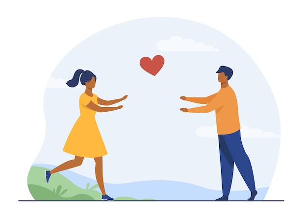 Happy couple running to each other. Love, girlfriend, heart flat  illustration. Cartoon illustration