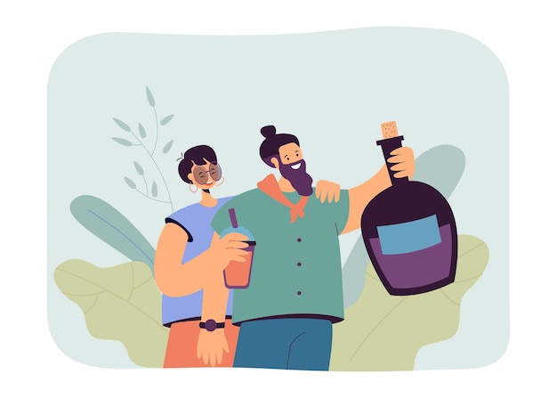 Free Vector happy couple with beverages flat vector illustration. man and woman hugging and holding bottle of alcohol drink. party, celebration concept for banner, website design or landing web page