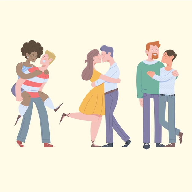 Happy couples spending time together flat illustration