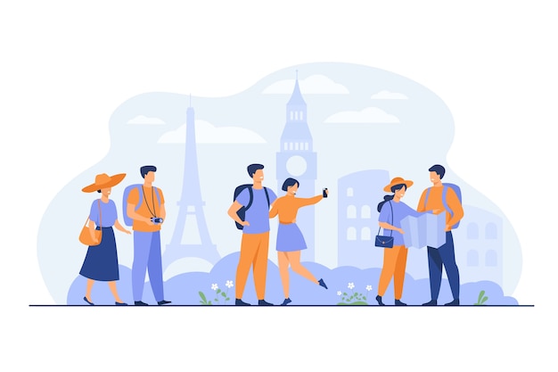 Happy couples traveling in Europe and taking photo isolated flat vector illustration. Cartoon group of people with backpack, camera and map. Vacation and tourism concept