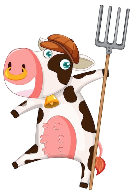 Free vector happy cow cartoon character with rake