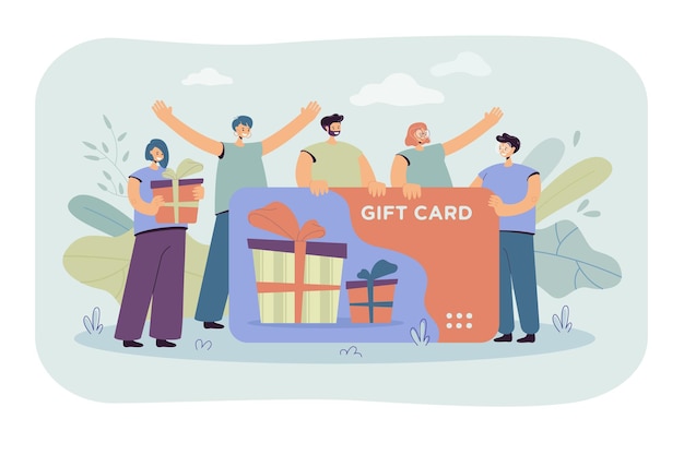 Happy customers getting gift card from store or shop. Consumers with voucher celebrating sale season.  Cartoon illustration