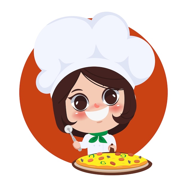 Happy cute girl chef cooking Pizza homemake cartoon art illustration