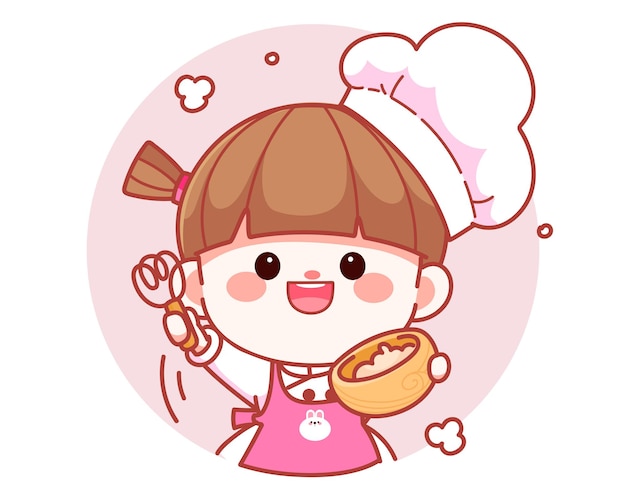 Happy cute girl chef holding bowl with whisk banner logo cartoon art illustration