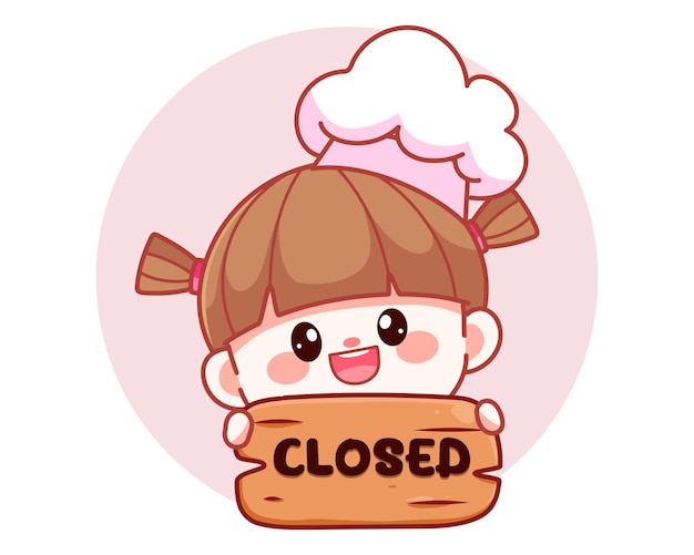 Happy cute girl chef holding closed sign banner logo cartoon art illustration