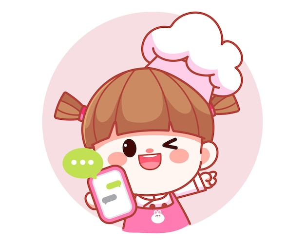 Happy cute girl chef holding mobile phone banner logo cartoon art illustration