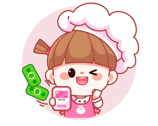 Happy cute girl chef Payment transfer on mobile phone banner logo cartoon art illustration