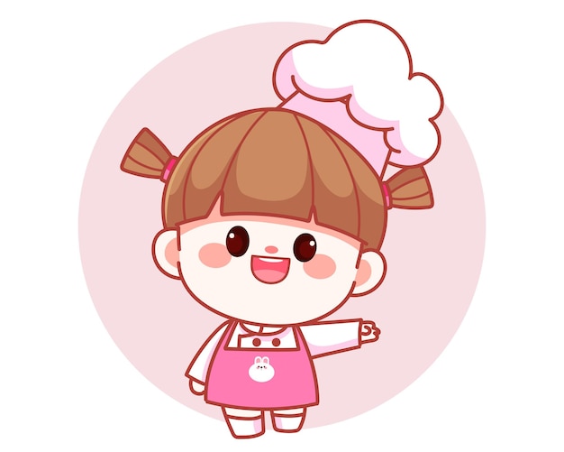 Happy cute girl chef showing welcome sign with her hand banner logo cartoon art illustration