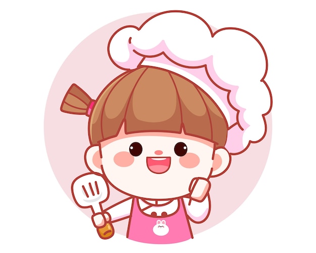 Free Vector happy cute girl chef smiling holding spatula banner logo cartoon art illustration