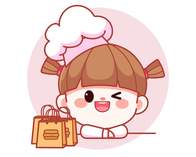 Happy cute girl chef with food bags banner logo cartoon art illustration