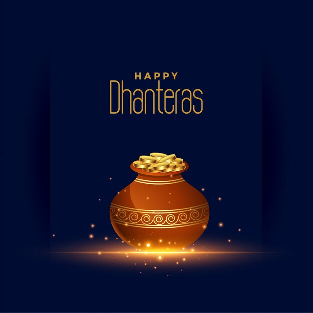 Happy dhanteras festival card with gold coin pot 