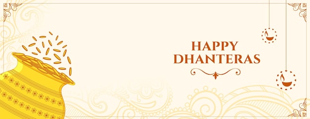 Free Vector happy dhanteras holiday banner with golden pot for festive decor vector