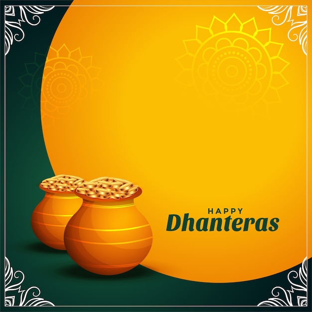 Free vector happy dhanteras wishes card with golden coins pot