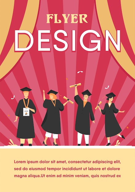 Free Vector happy diverse students celebrating graduation from school or colleges, holding diplomas and certificates. flyer template