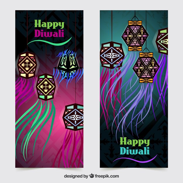 Happy diwali banners with decorative lanterns