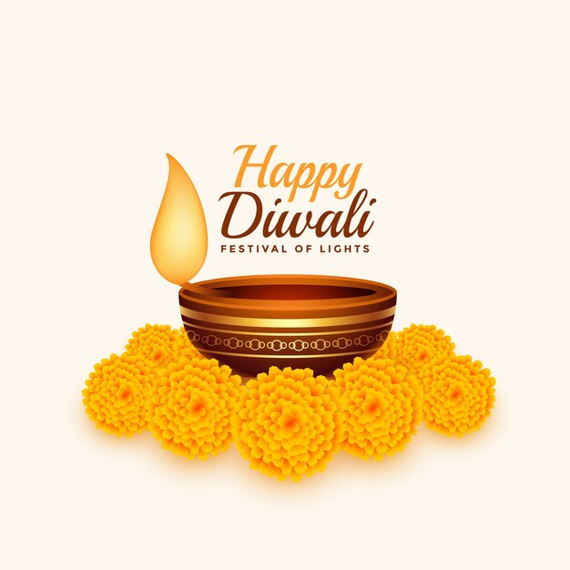 Happy diwali card with diya and marigold flower