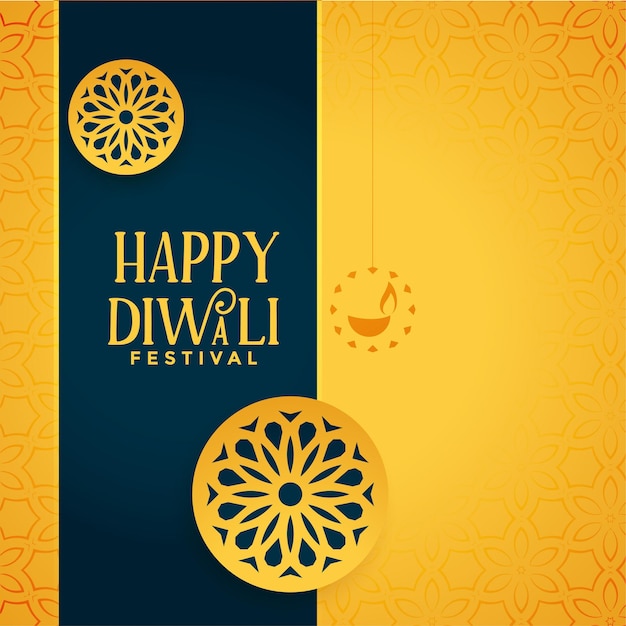 Free vector happy diwali decorative diya yellow background