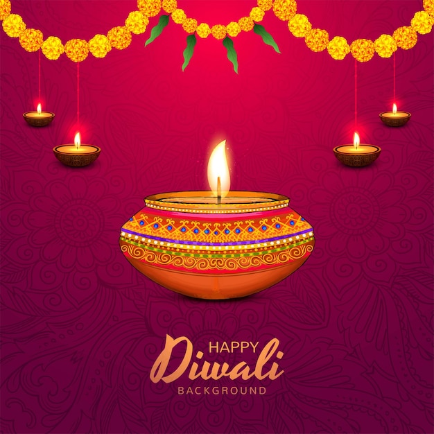 Free Vector happy diwali greeting card with diya in indian style background