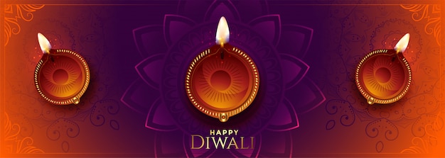 Free Vector happy diwali long banner with beautiful colors and diya