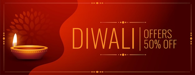 Free Vector happy diwali offer and discount banner with glowing diya