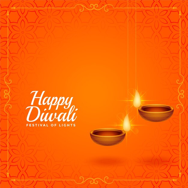 Happy diwali orange greeting with hanging diya 