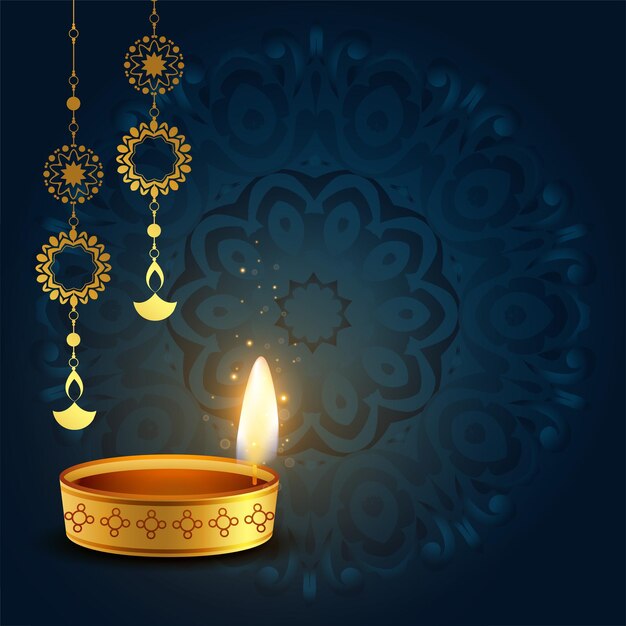 Happy diwali poster with decorative lantern and diya on mandala stlye background